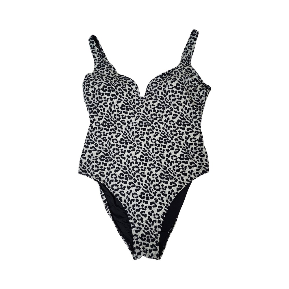 Nip Tuck Swim Womens Leopard Print One Piece Swimsuit Black White V-Neck Size 10